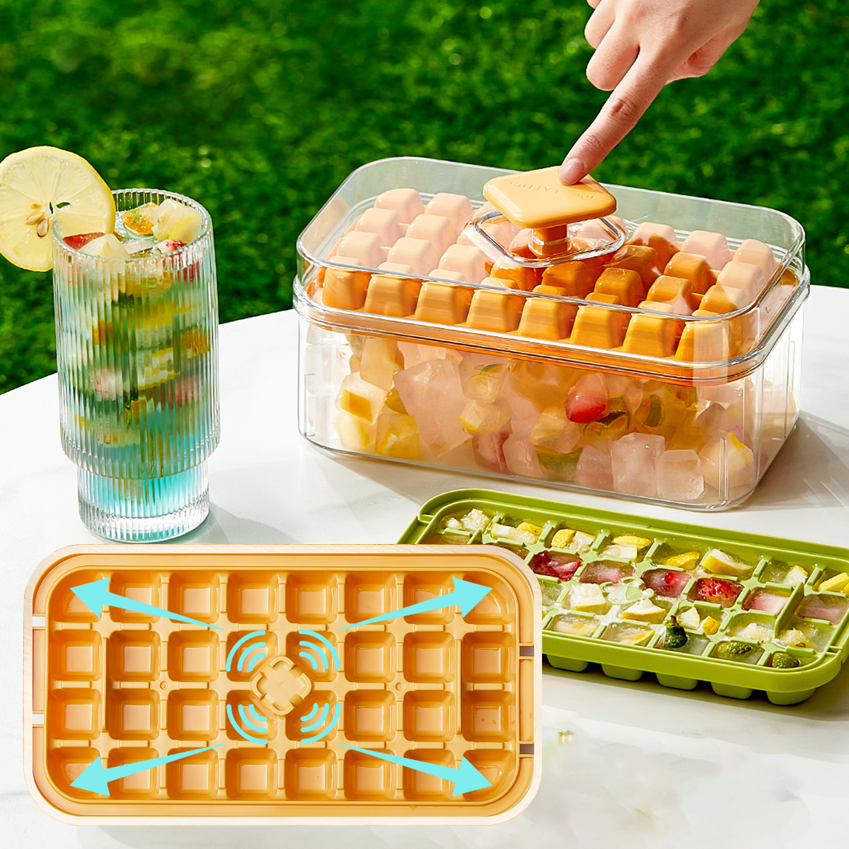 Ice Cube Box & Double Trays – Δοχείο Πάγου με 2 Παγοθήκες & Κουμπί Αποδέσμευσης.